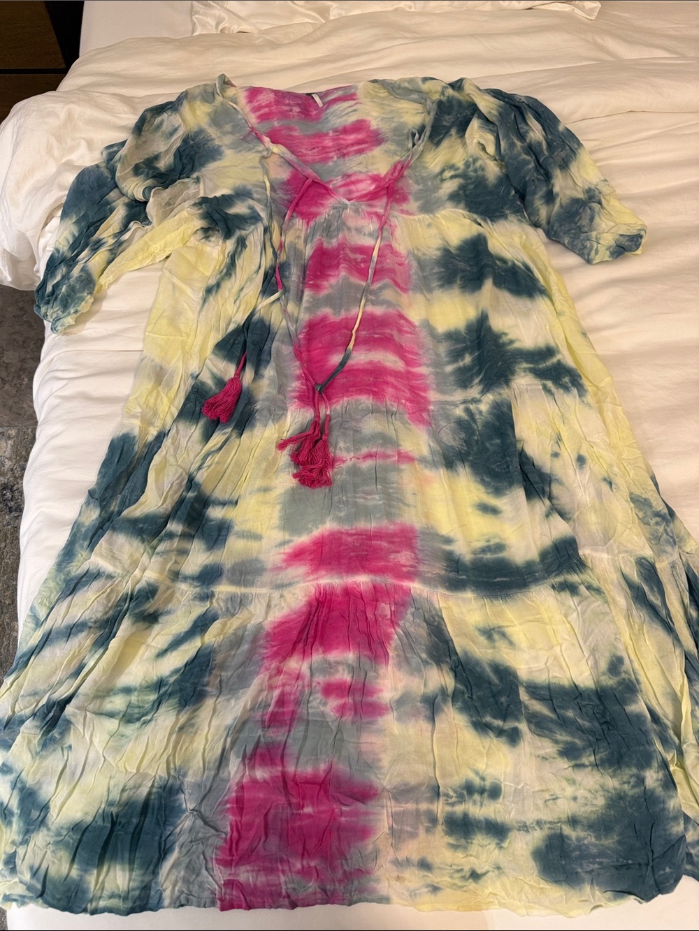 Tie-Dye Boho Tassel V-Neck Maxi Dress - Pink, Yellow, Teal